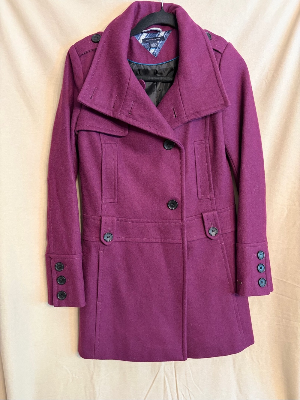 Tommy Hilfiger Plum Double-Breasted Wool Blend Peacoat Wide Collar Front Buttons
